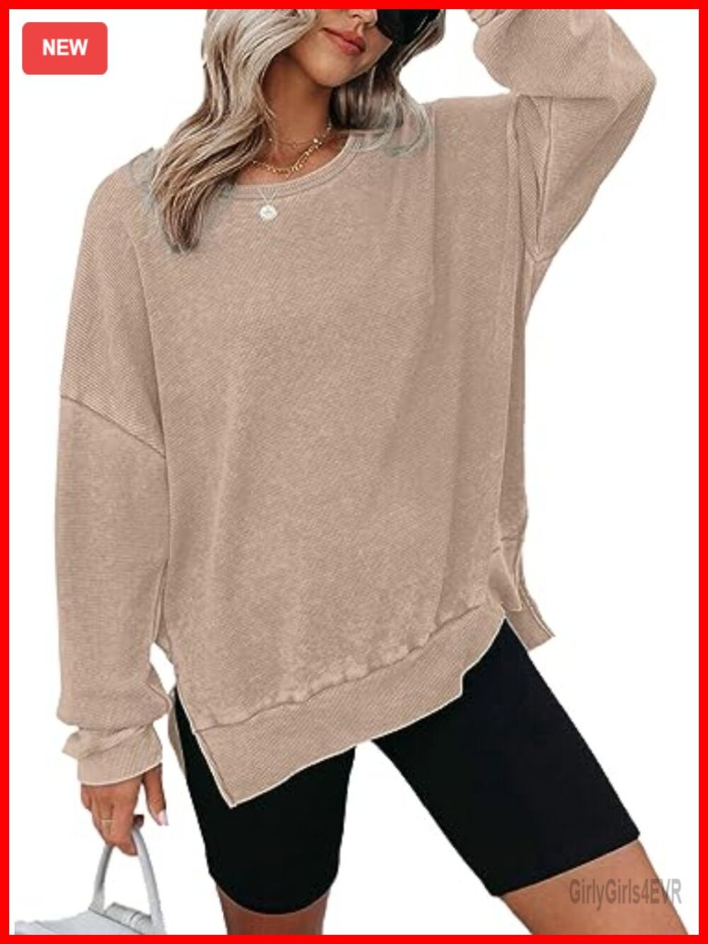 Oversized Waffle Knit Crewneck Sweatshirt Long Sleeve Side Slits Pullover Top
